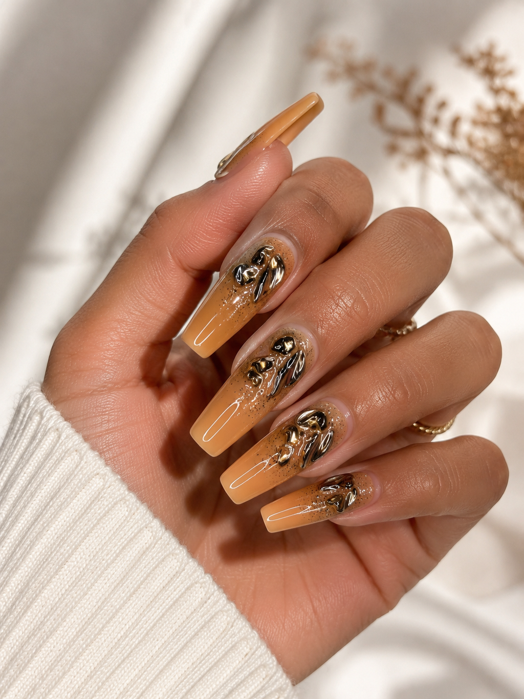 Golden Yellow/Orange Chrome Press-On Nails – Gold Leaf Glam Nail Set – Luxury Autumn Statement Nails – Coffin Press-Ons