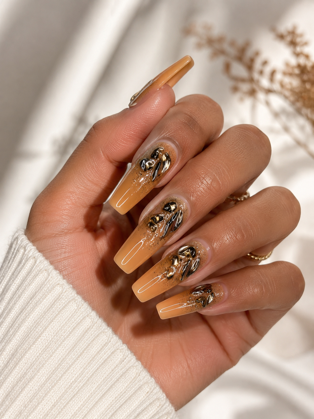 Golden Yellow/Orange Chrome Press-On Nails – Gold Leaf Glam Nail Set – Luxury Autumn Statement Nails – Coffin Press-Ons