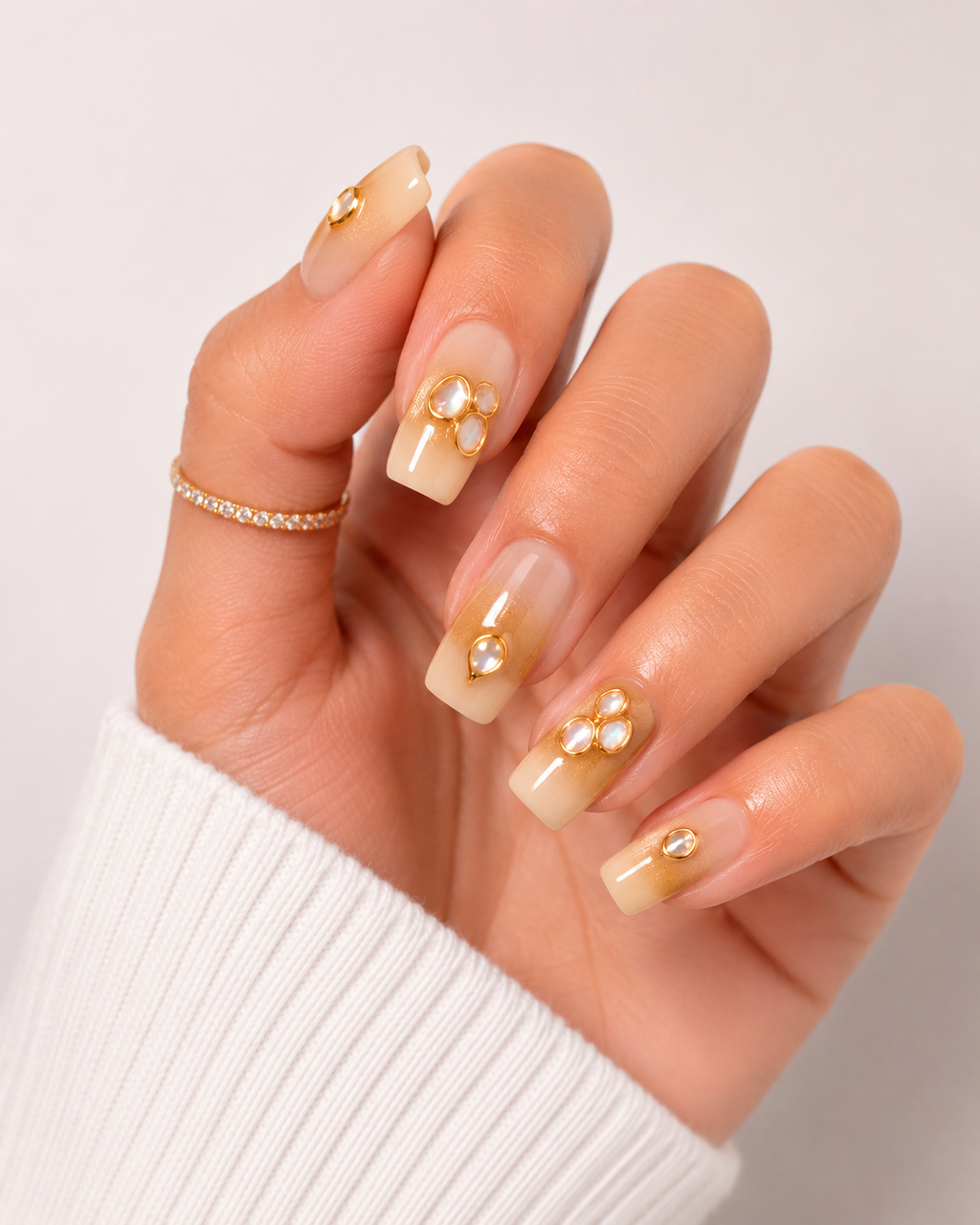 Luxury Pearl Chrome Press On Nails | Nude Gold Aura Nails | Elegant Reusable Glam Nail Set