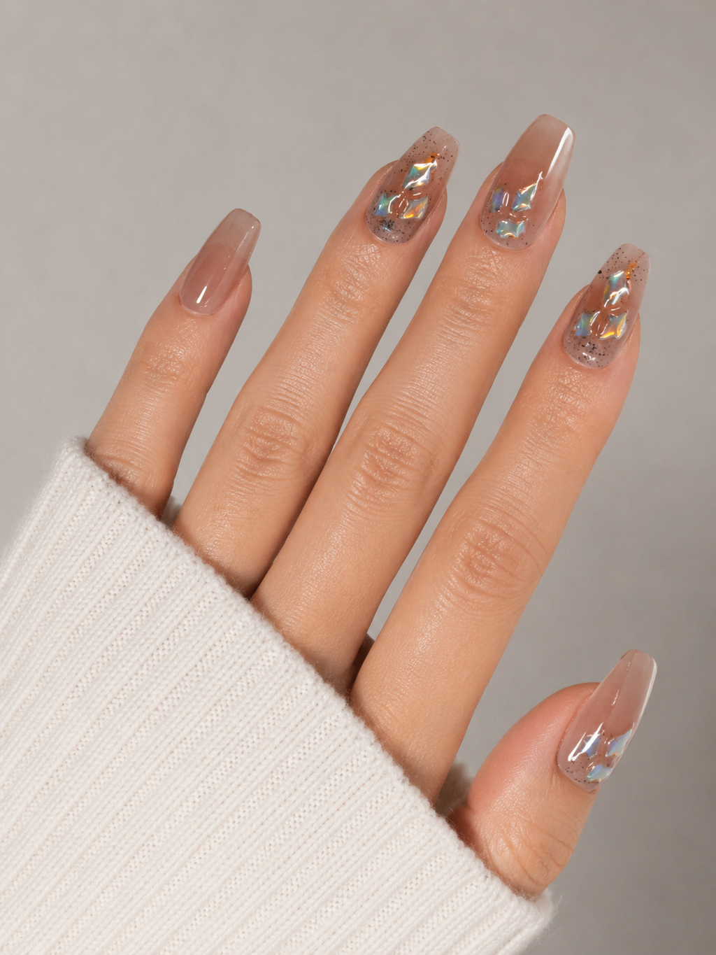 Nude Chrome Star Press On Nails | Iridescent Jelly Glitter Nails | Minimalist Luxury Nail Set