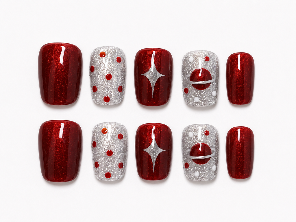 Red Chrome Press On Nails Silver Star Nail Art Cosmic Glitter Glossy Nail Set