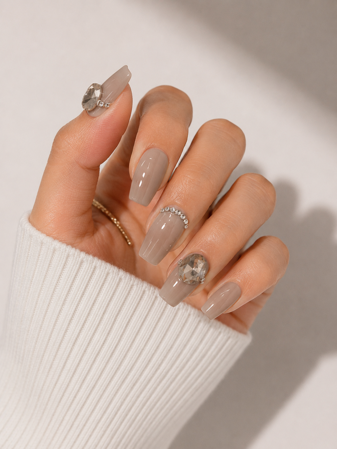 Naile Haus Champagne Luxe Press-On Nails | Taupe Nude Rhinestone Statement Luxury Nail Set