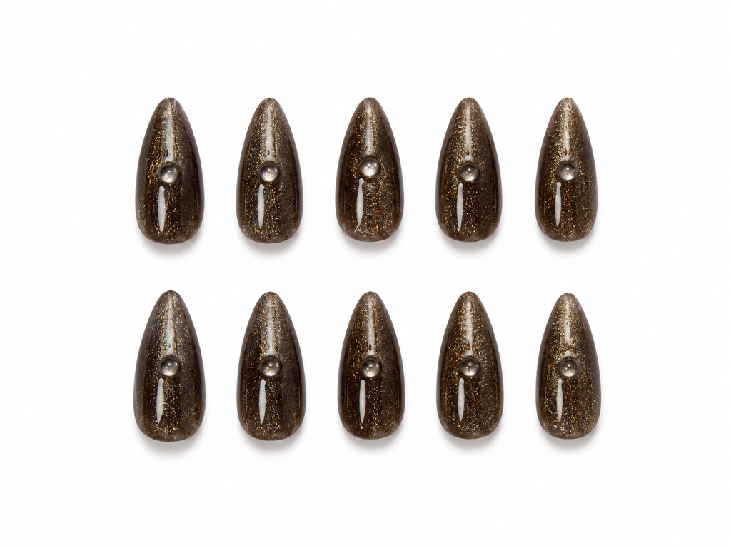 Smoky Bronze Cat Eye Press On Nails | Brown Glitter Aura Nails | Luxury Almond Nail Set