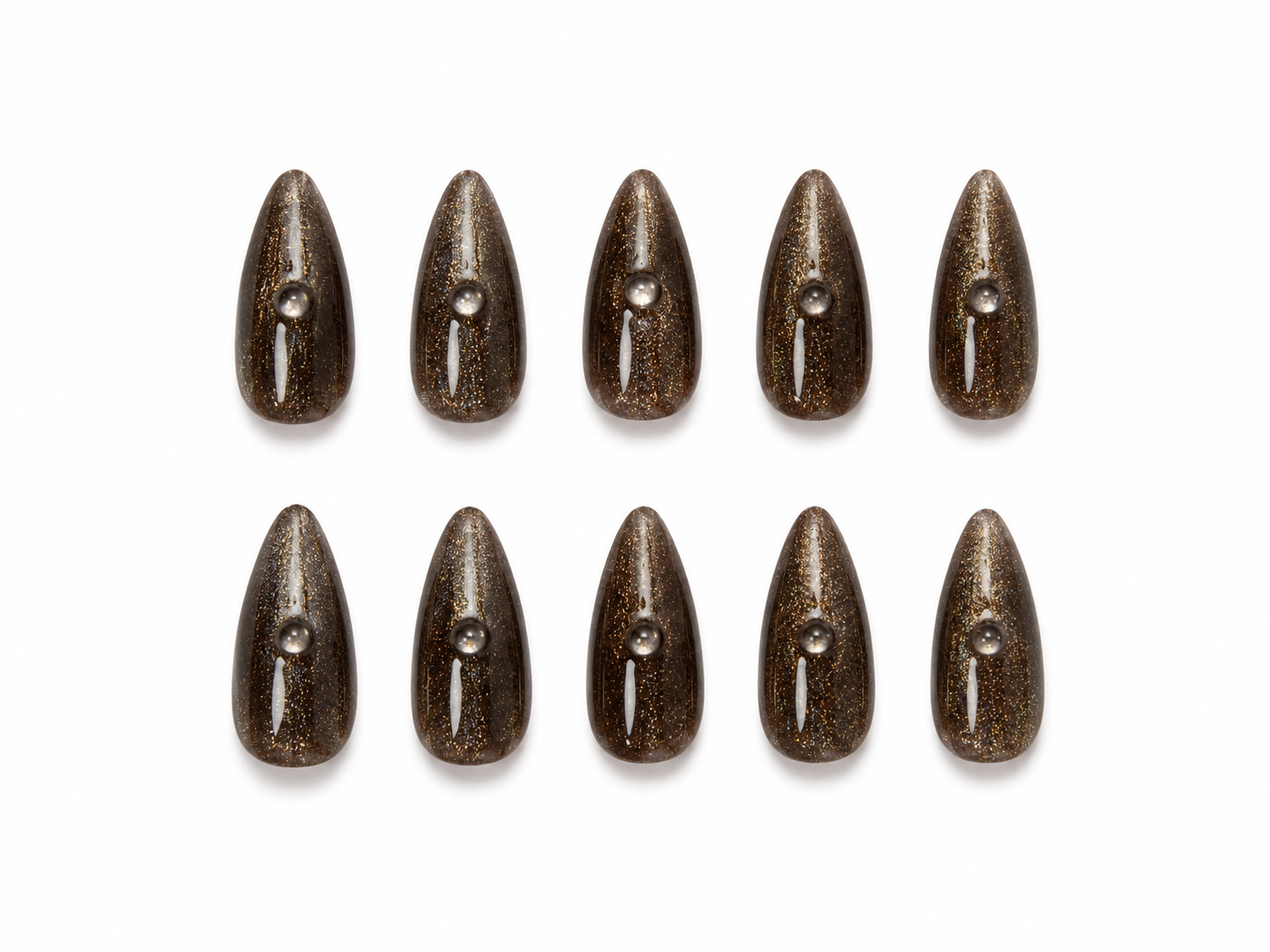 Smoky Bronze Cat Eye Press On Nails | Brown Glitter Aura Nails | Luxury Almond Nail Set