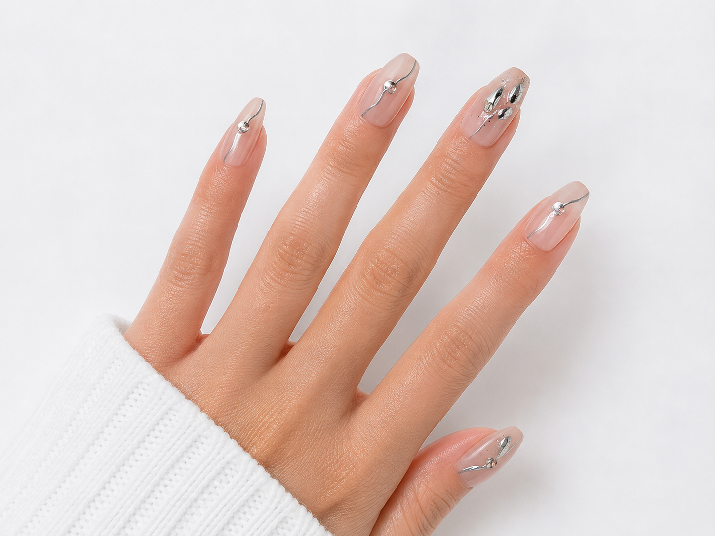 Minimalist Nude Chrome Press-On Nails – Silver Line Art Rhinestone Nails – Glossy Neutral Luxury Nail Set – Almond False Nails