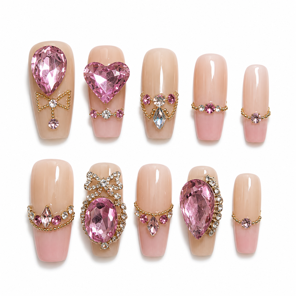 Pink Crystal Glam Press-On Nails – Luxury Rhinestone Bow Nail Set – Blush Nude Statement Nails – Princesscore Press-Ons
