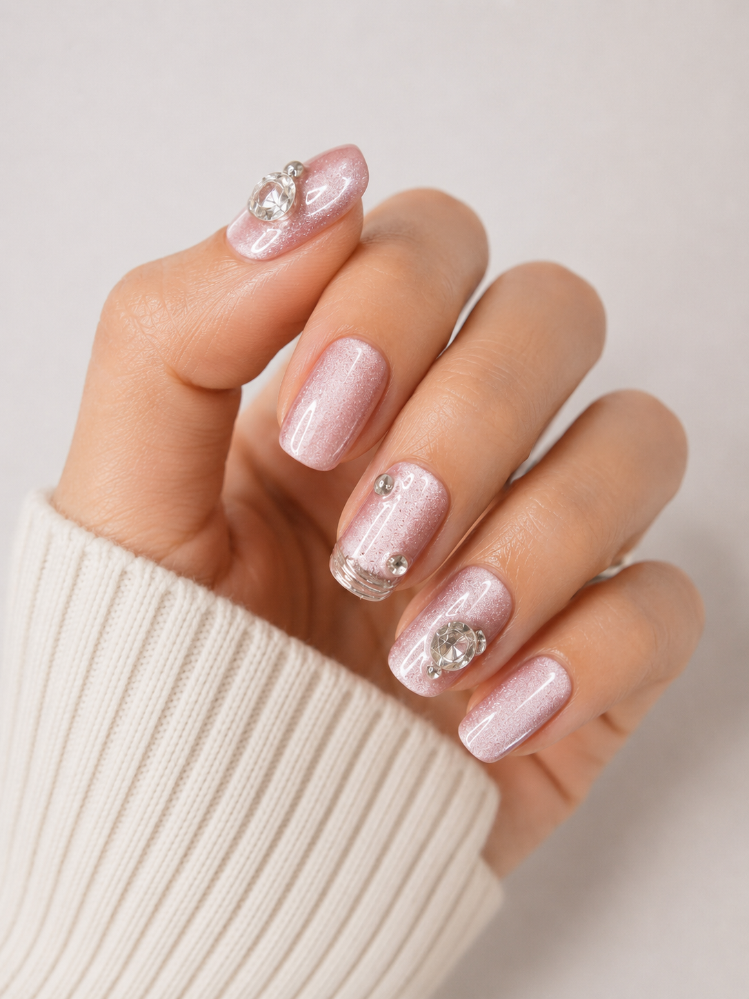 Pink Pearl Chrome Press-On Nails – Short Glossy Luxury Nails – Rhinestone Accent Press-Ons – Soft Glam Nail Set