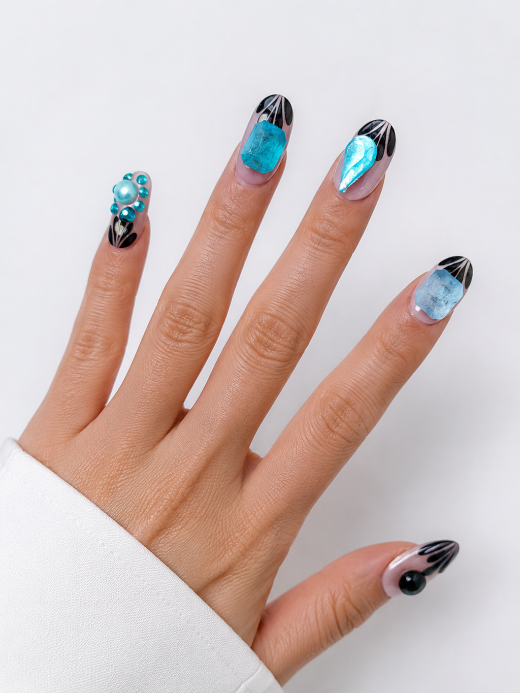 Turquoise Gemstone Press-On Nails – Black Art Deco Nail Set – Luxury Crystal Statement Nails – Editorial Glam Press-Ons