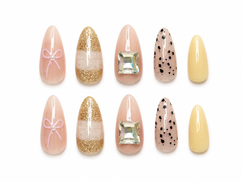 Pastel Mix & Match Press-On Nails – Gold Glitter French Tip Nails – Abstract Dalmatian Nail Art – Cute Luxury Almond Nails