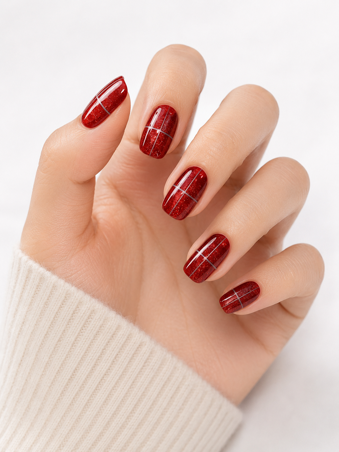Naile Haus Ruby Chrome Press-On Nails | Red Cat Eye Grid Nails Luxury Minimalist Holiday Nail Set