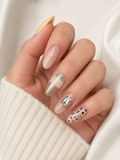Pastel Mix & Match Press-On Nails – Gold Glitter French Tip Nails – Abstract Dalmatian Nail Art – Cute Luxury Almond Nails