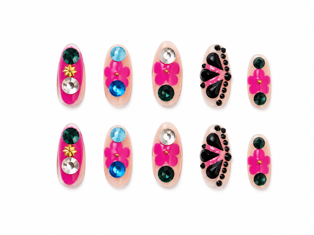 Naile Haus Y2K Floral Gem Press-On Nails | Pink Flower Rhinestone Retro Glam Statement Nail Set
