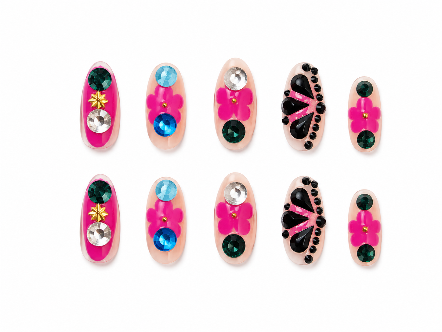 Naile Haus Y2K Floral Gem Press-On Nails | Pink Flower Rhinestone Retro Glam Statement Nail Set