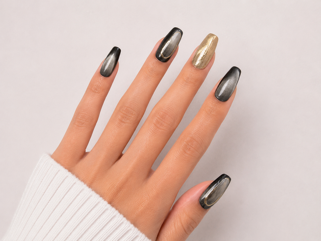 Black Chrome Cat Eye Press On Nails Gold Accent Coffin Nails Luxury Glossy Reusable Nail Set