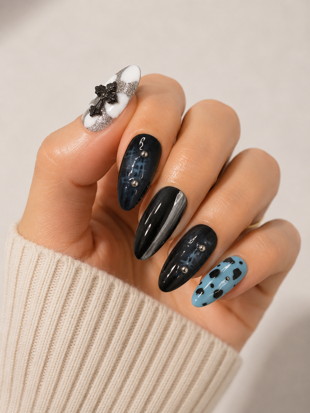 Gothic Blue Cross Press-On Nails – Black Chrome Alt Nail Set – Edgy Y2K Punk Glam Nails – Luxury Statement Press-