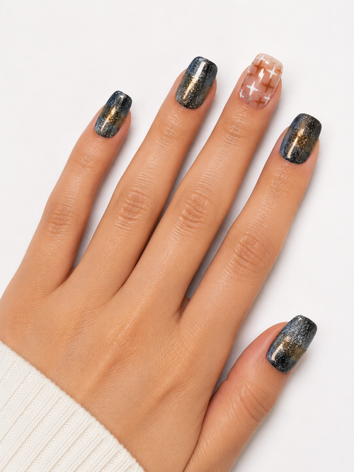 Black Gold Plaid Press On Nails | Neutral Checkered Glitter Nails | Luxury Short Square Nail