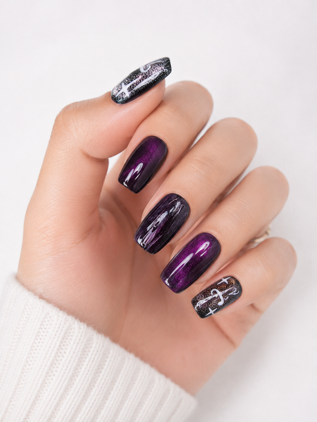 Naile Haus Midnight Aura Press-On Nails | Purple Chrome Cat Eye Galaxy Nails with Glitter Smiley Accent