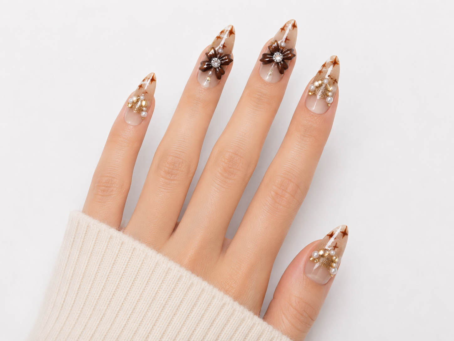 Naile Haus Golden Bloom Press-On Nails | Pearl Flower Starburst Luxury Nude Glam Nail Set