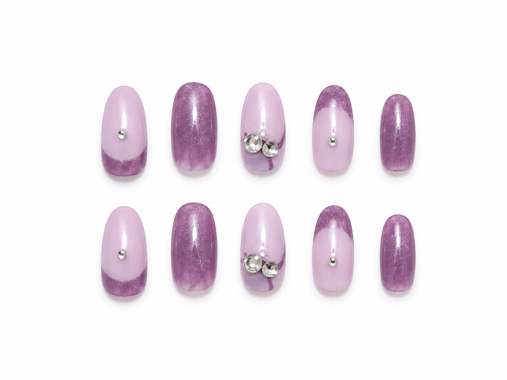 Lavender Glitter Press-On Nails – Purple French Tip Nails – Rhinestone Accent Nails – Soft Glam Luxury Nail Set