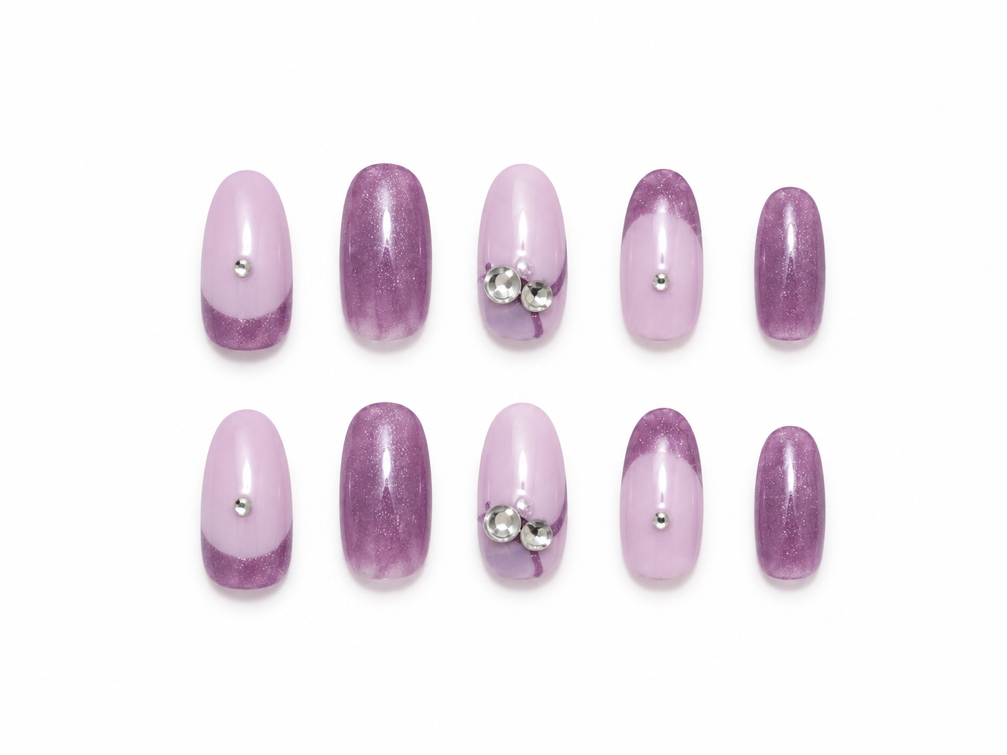 Lavender Glitter Press-On Nails – Purple French Tip Nails – Rhinestone Accent Nails – Soft Glam Luxury Nail Set