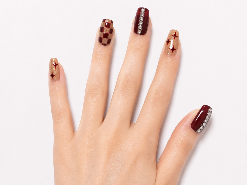 Naile Haus Burgundy Chrome Press-On Nails | Gold Glitter Starburst Checkerboard Rhinestone Luxury Nail Set