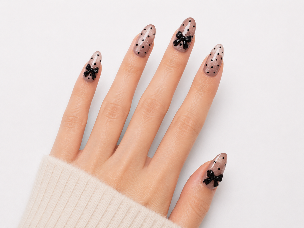 Naile Haus Noir Coquette Press-On Nails | Black Bow Polka Dot Nude Pink Luxury Nail Set