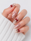 Cute Kawaii Cat Press-On Nails – Nude Pink Pearl Almond Nails with Red Bow Art & Polka Dot Design, Glossy Handmade Nail Set