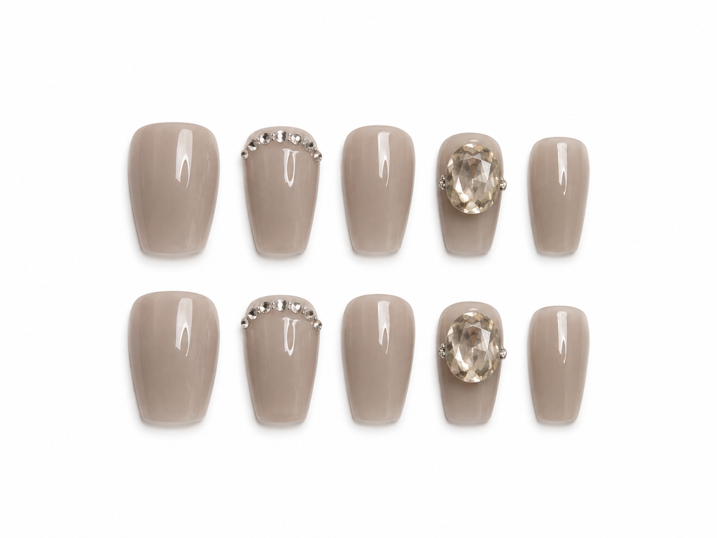 Naile Haus Champagne Luxe Press-On Nails | Taupe Nude Rhinestone Statement Luxury Nail Set