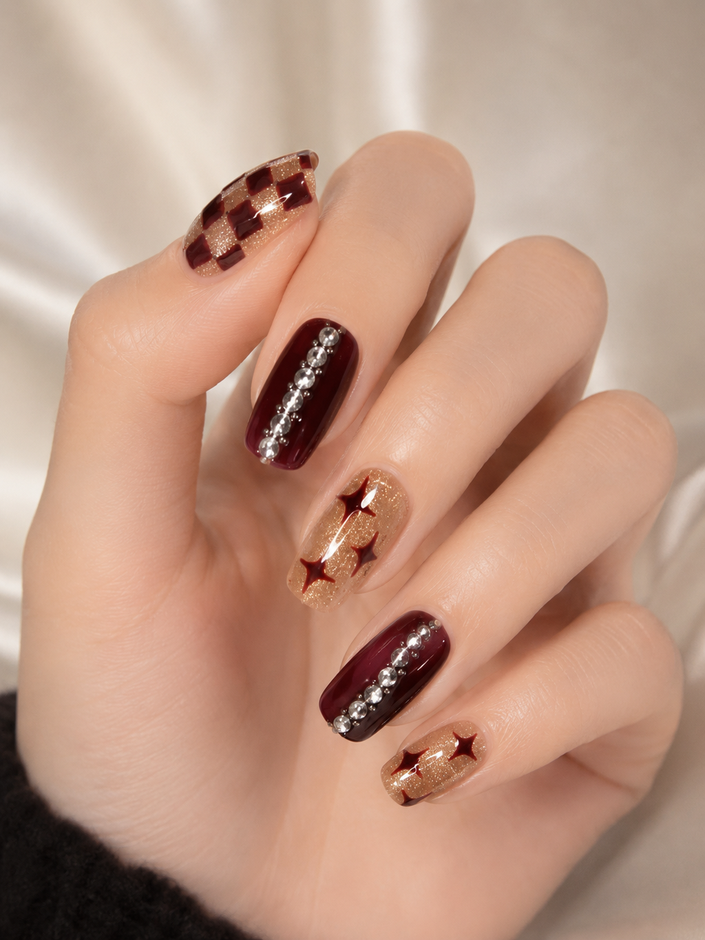 Naile Haus Burgundy Chrome Press-On Nails | Gold Glitter Starburst Checkerboard Rhinestone Luxury Nail Set