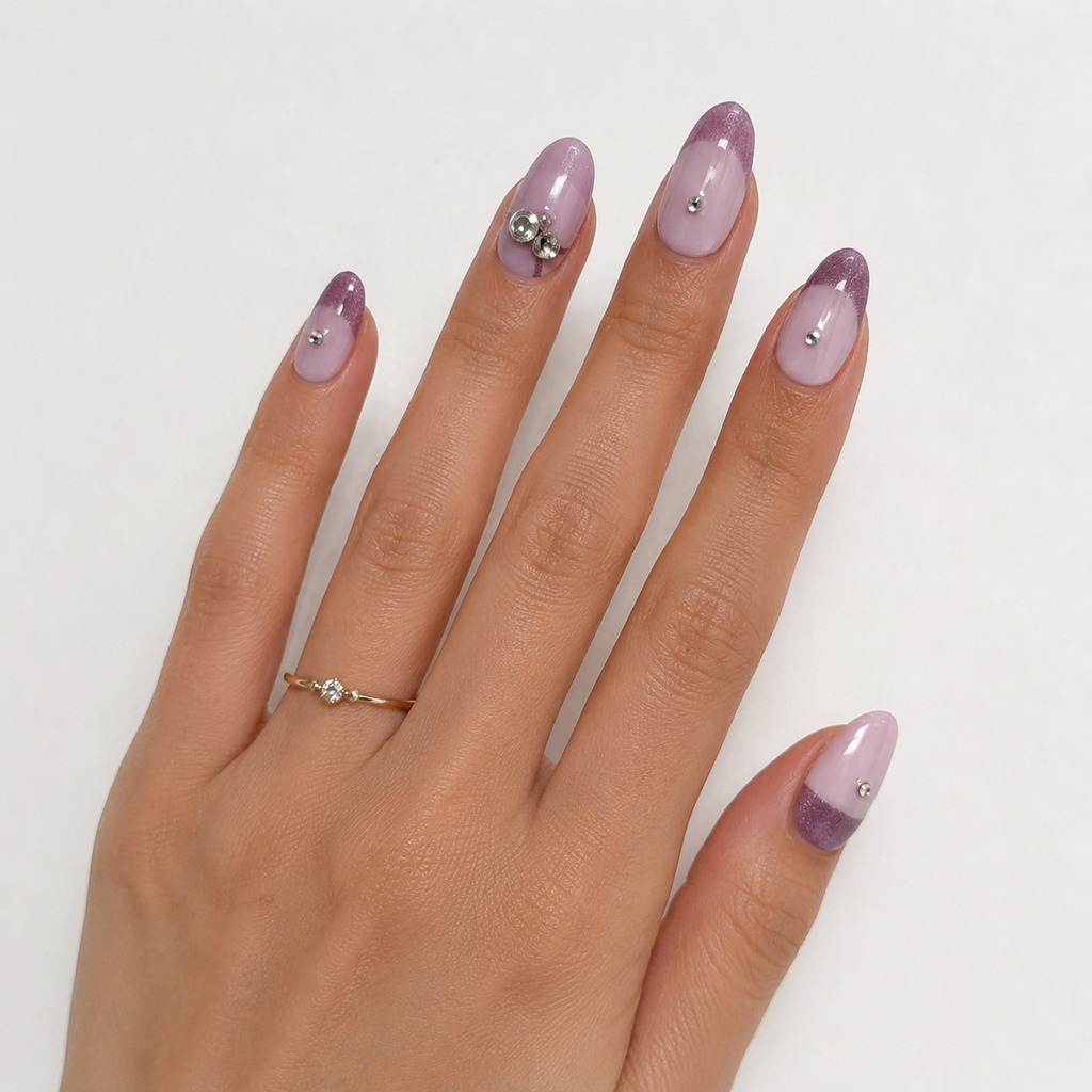 Lavender Glitter Press-On Nails – Purple French Tip Nails – Rhinestone Accent Nails – Soft Glam Luxury Nail Set