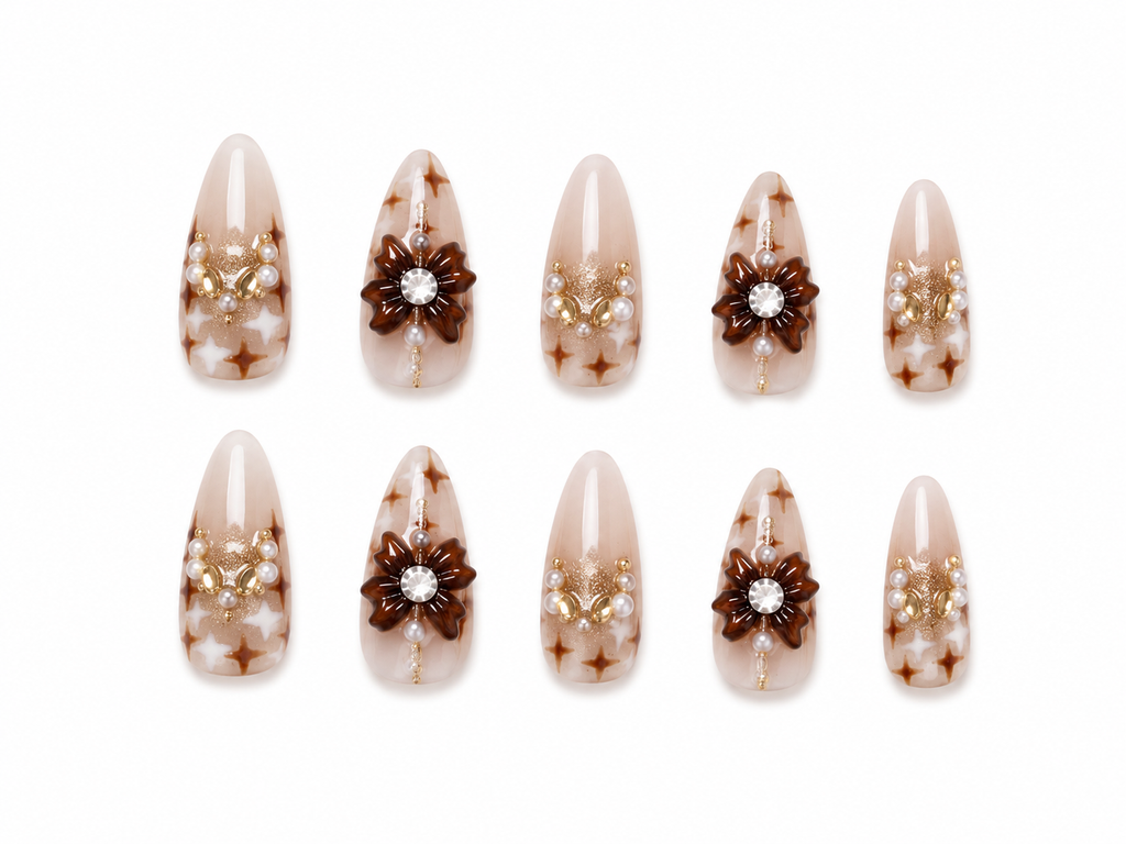Naile Haus Golden Bloom Press-On Nails | Pearl Flower Starburst Luxury Nude Glam Nail Set