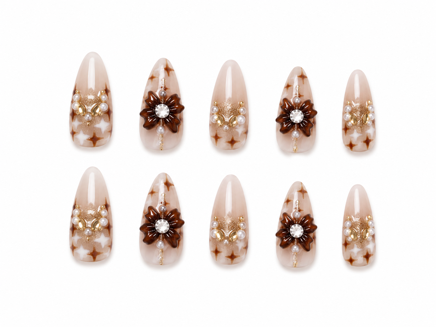 Naile Haus Golden Bloom Press-On Nails | Pearl Flower Starburst Luxury Nude Glam Nail Set