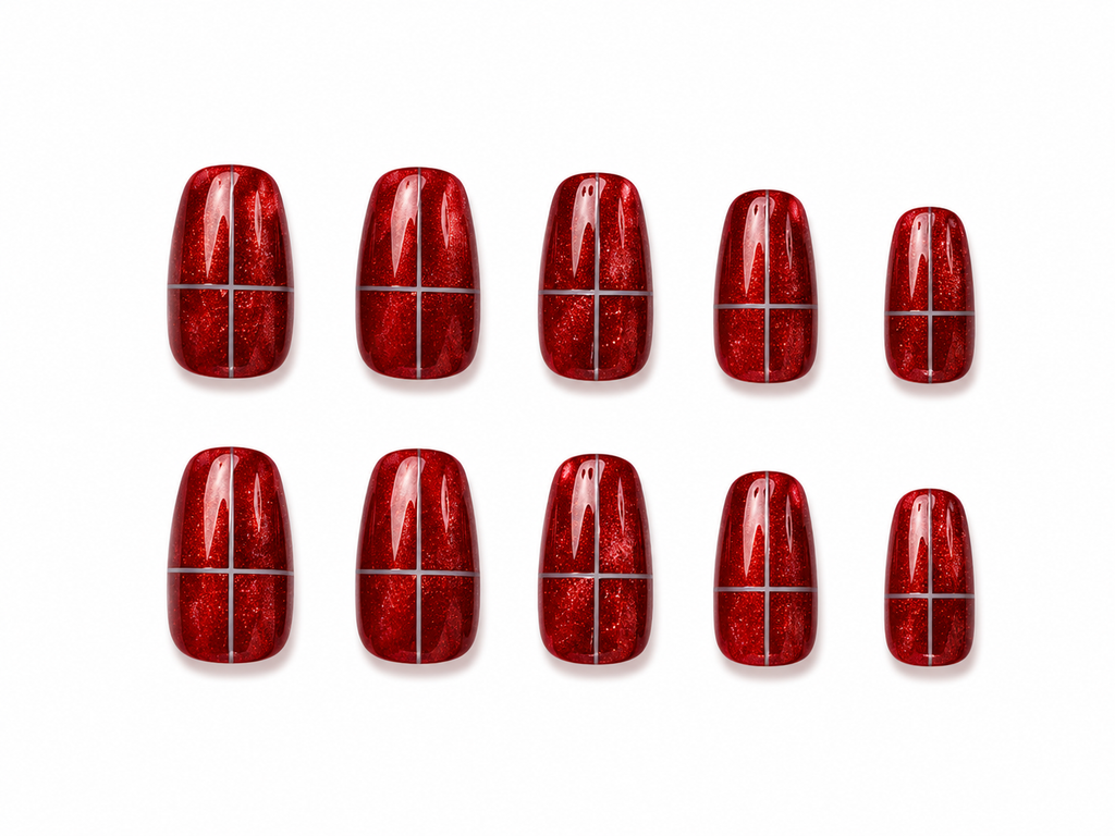 Naile Haus Ruby Chrome Press-On Nails | Red Cat Eye Grid Nails Luxury Minimalist Holiday Nail Set