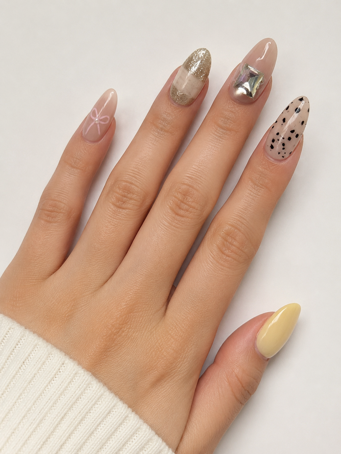 Pastel Mix & Match Press-On Nails – Gold Glitter French Tip Nails – Abstract Dalmatian Nail Art – Cute Luxury Almond Nails