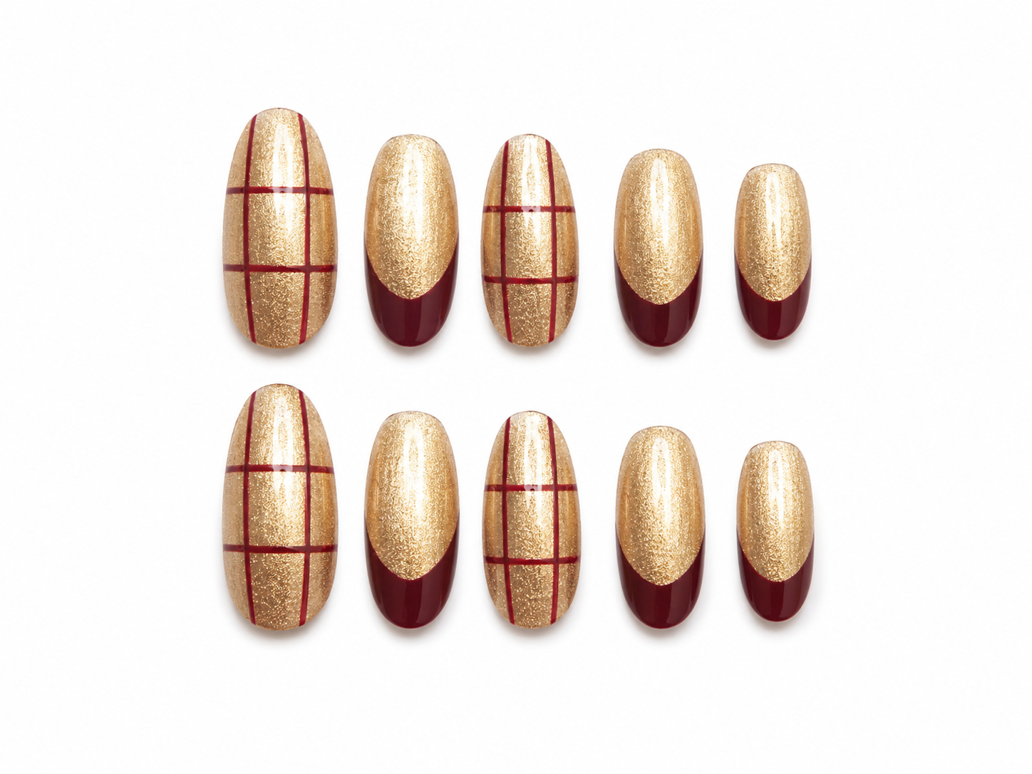 Gold Chrome Plaid Press-On Nails – Burgundy French Tip Nails – Luxury Holiday Nail Set – Glitter Glam Almond Nails