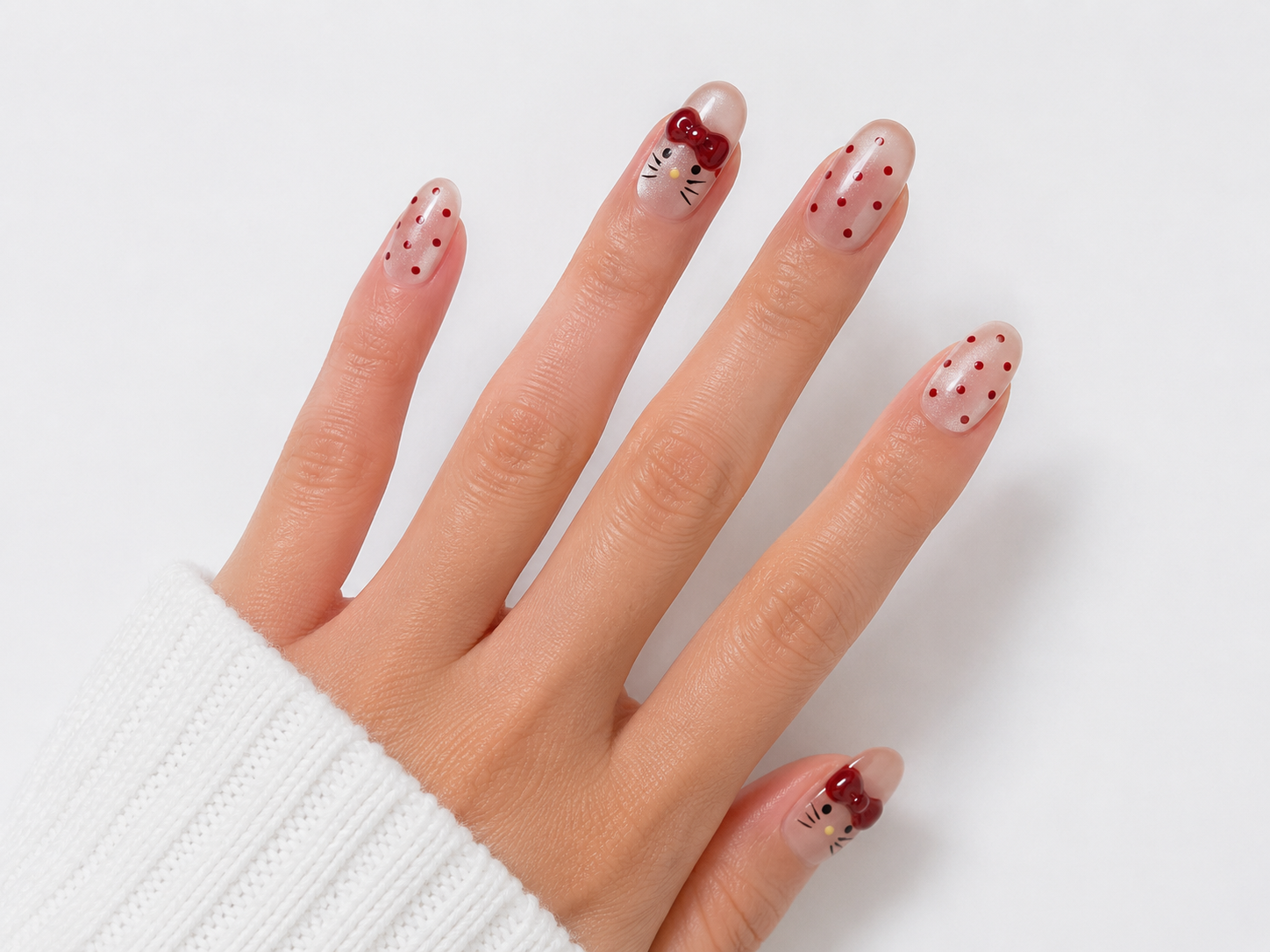 Cute Kawaii Cat Press-On Nails – Nude Pink Pearl Almond Nails with Red Bow Art & Polka Dot Design, Glossy Handmade Nail Set