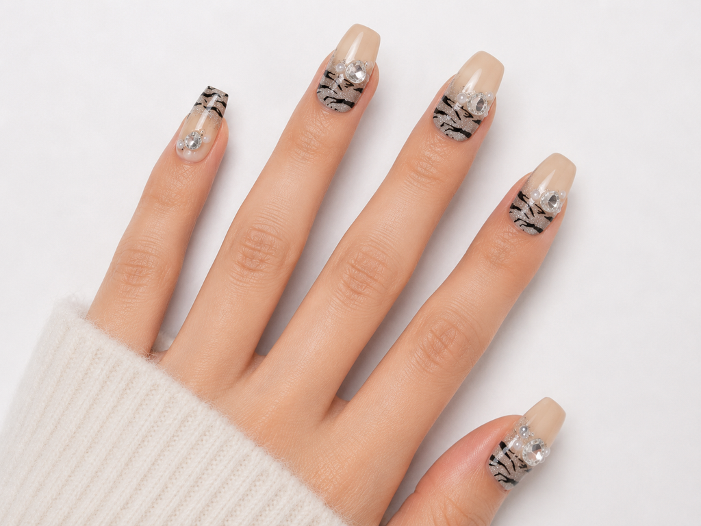 Naile Haus Luxe Safari Press-On Nails | Nude Zebra Print French Tips with Rhinestones & Pearl