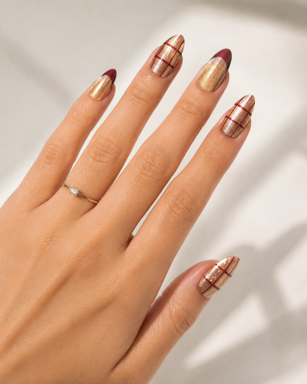 Gold Chrome Plaid Press-On Nails – Burgundy French Tip Nails – Luxury Holiday Nail Set – Glitter Glam Almond Nails