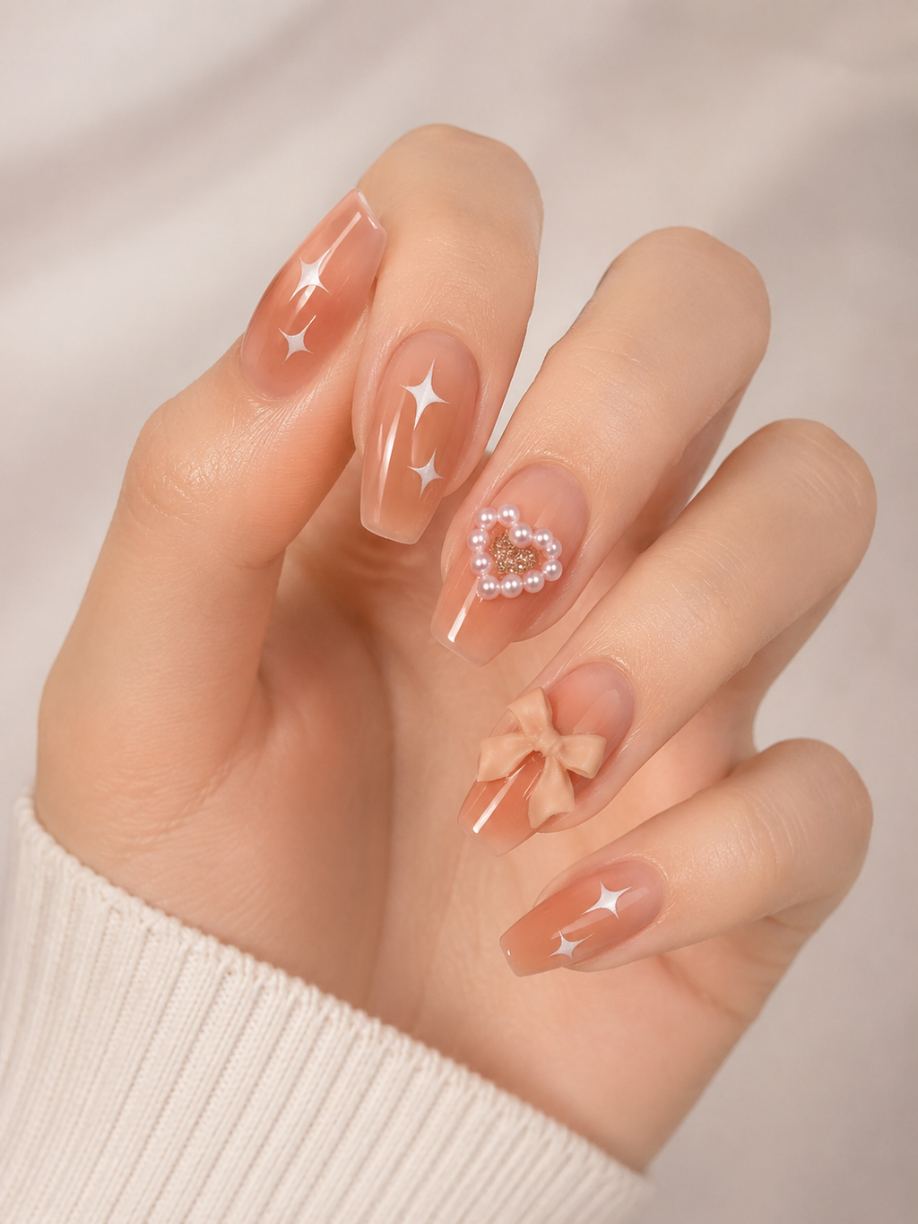 Naile Haus Peach Pearl Coquette Press-On Nails | Bow Heart Pearl Soft Glam Luxury Nail Set