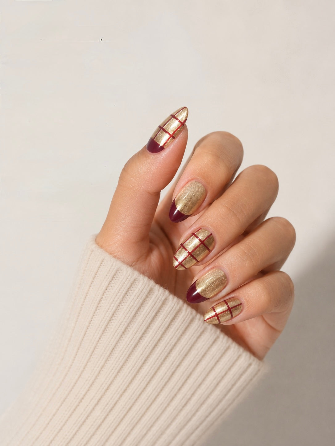 Gold Chrome Plaid Press-On Nails – Burgundy French Tip Nails – Luxury Holiday Nail Set – Glitter Glam Almond Nails