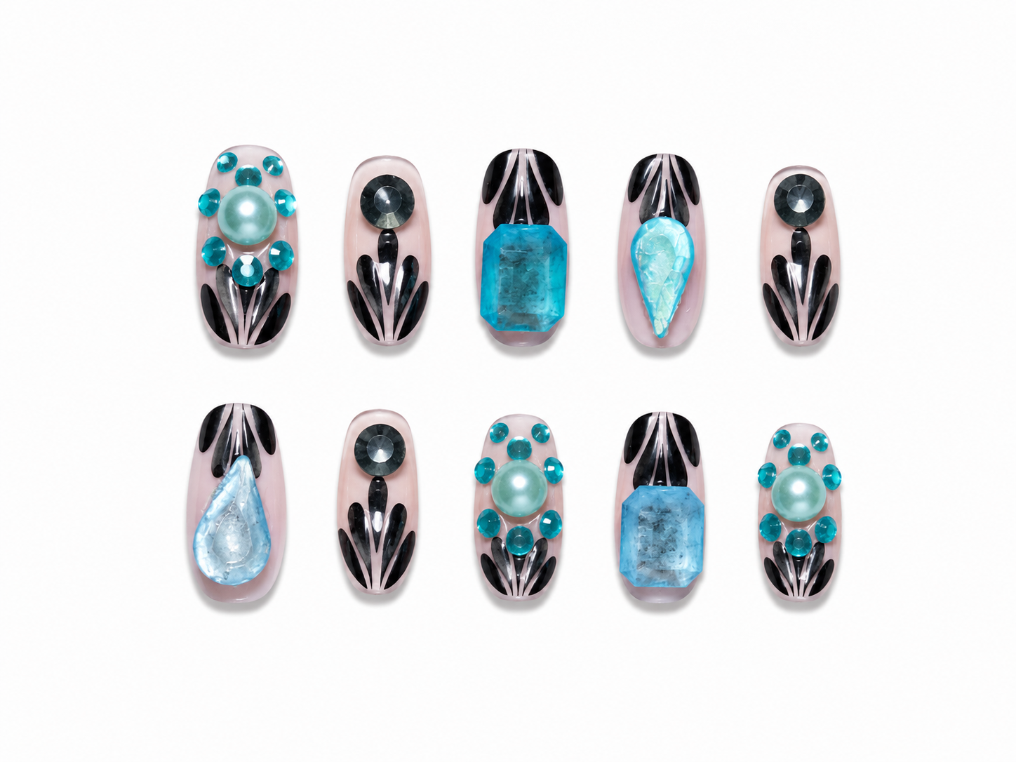 Turquoise Gemstone Press-On Nails – Black Art Deco Nail Set – Luxury Crystal Statement Nails – Editorial Glam Press-Ons