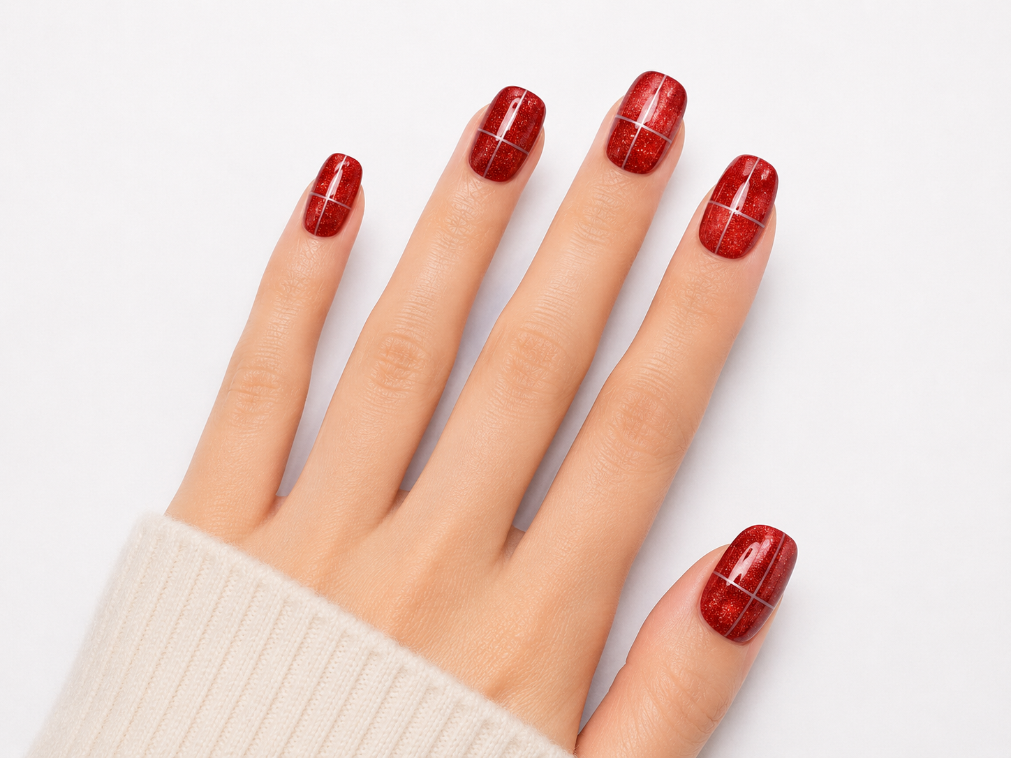 Naile Haus Ruby Chrome Press-On Nails | Red Cat Eye Grid Nails Luxury Minimalist Holiday Nail Set