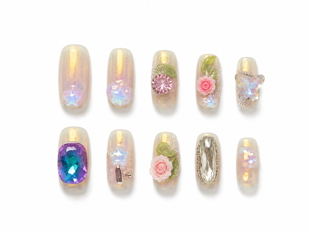 3D Pearl Floral Press On Nails Iridescent Butterfly Rhinestone Luxury Fairycore Nail Set