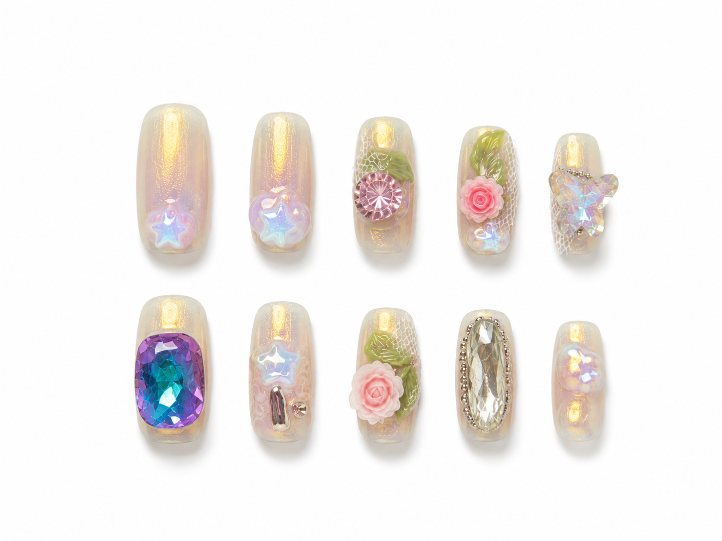 3D Pearl Floral Press On Nails Iridescent Butterfly Rhinestone Luxury Fairycore Nail Set