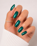 Emerald Green Chrome Press On Nails Metallic Cat Eye Glossy Square Luxury Nail Set