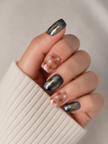 Black Gold Plaid Press On Nails | Neutral Checkered Glitter Nails | Luxury Short Square Nail