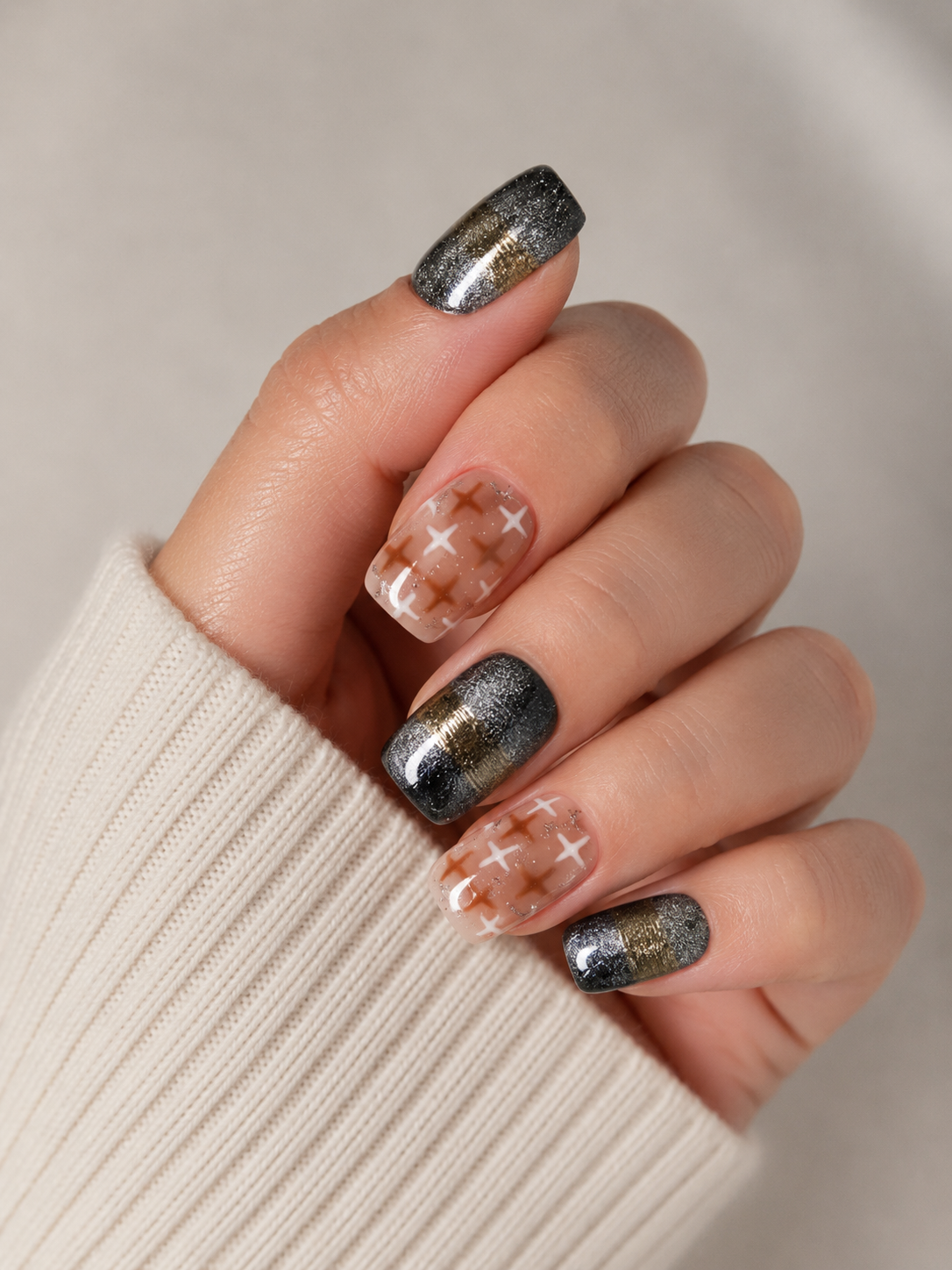Black Gold Plaid Press On Nails | Neutral Checkered Glitter Nails | Luxury Short Square Nail