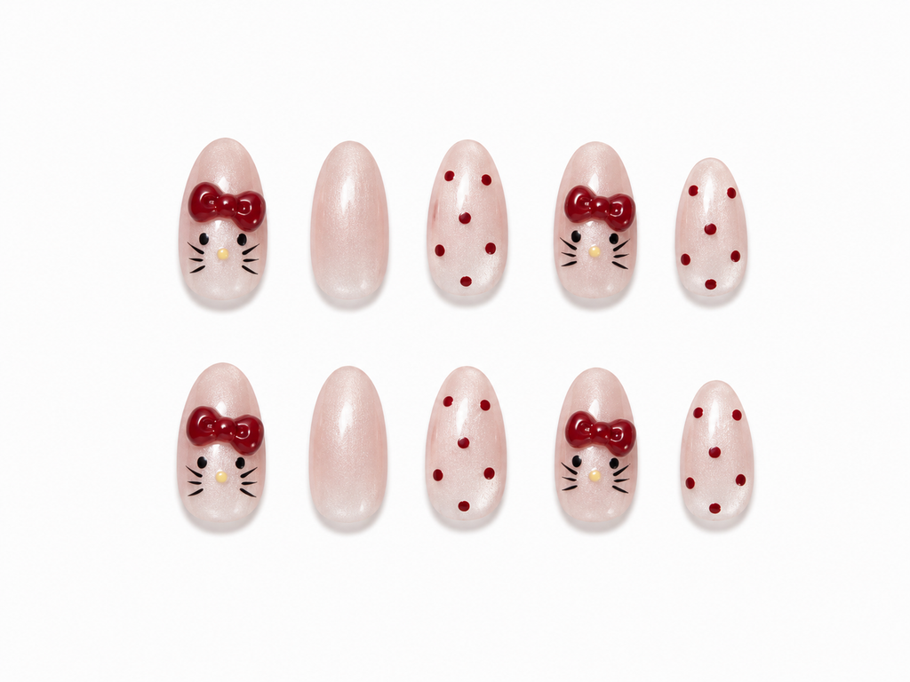 Cute Kawaii Cat Press-On Nails – Nude Pink Pearl Almond Nails with Red Bow Art & Polka Dot Design, Glossy Handmade Nail Set