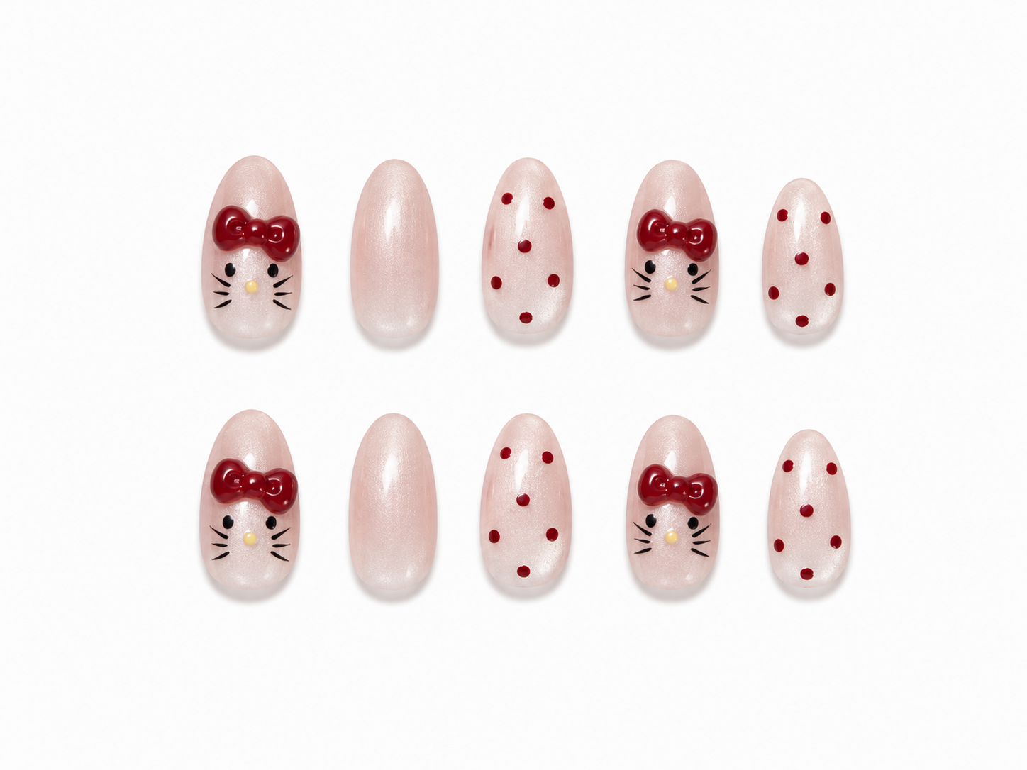 Cute Kawaii Cat Press-On Nails – Nude Pink Pearl Almond Nails with Red Bow Art & Polka Dot Design, Glossy Handmade Nail Set