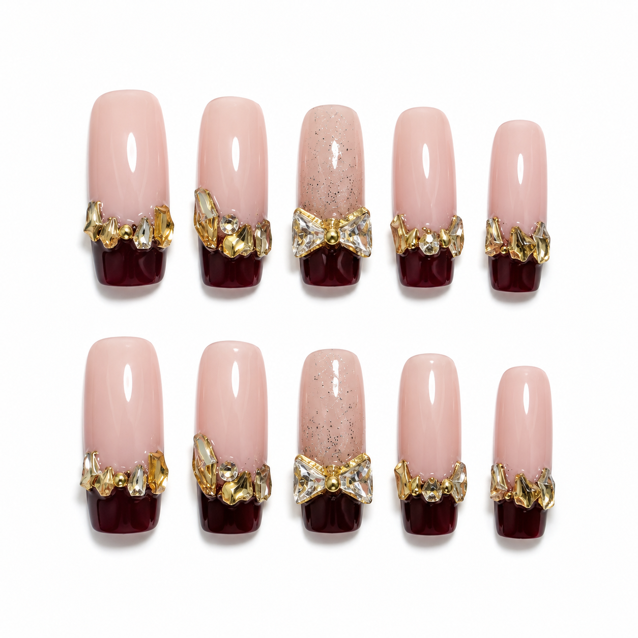 Blush Pink & Burgundy French Tip Press-On Nails – Gold Crystal Bow Nail Set – Luxury Glam Press-On Nails